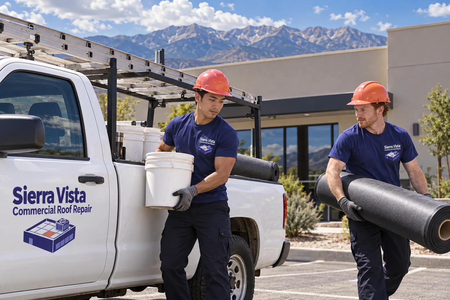 Roofers unloading a membrane roll and a bucket from a work truck beside a commercial building