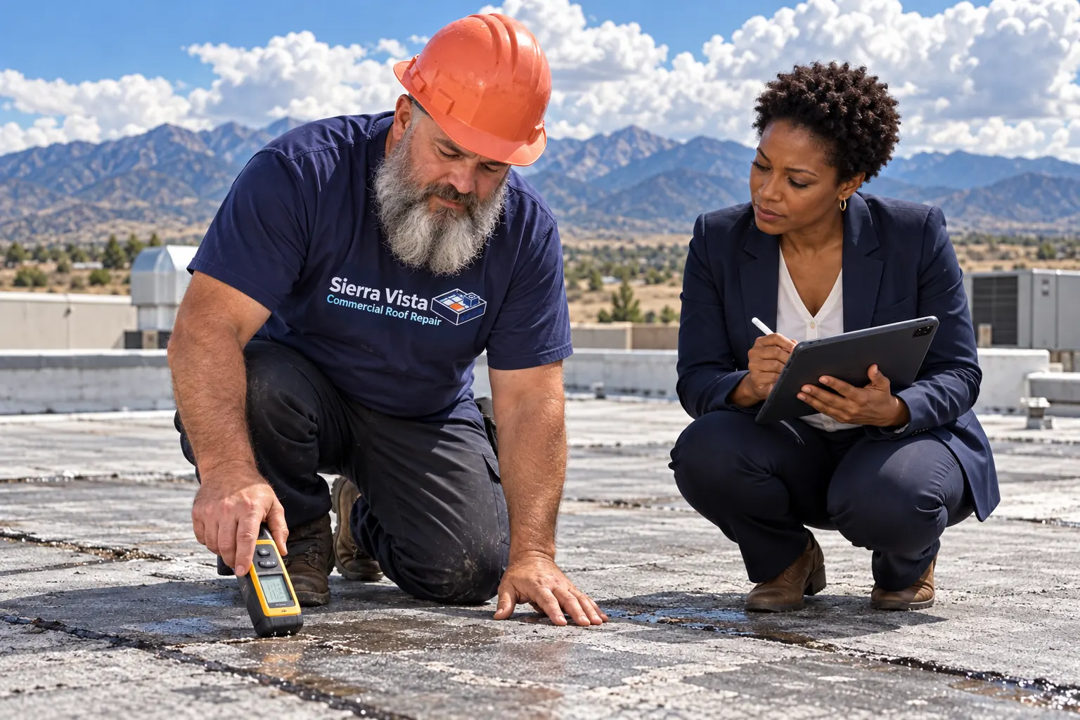 Roofer checking a flat roof with a moisture meter while a facility manager takes notes