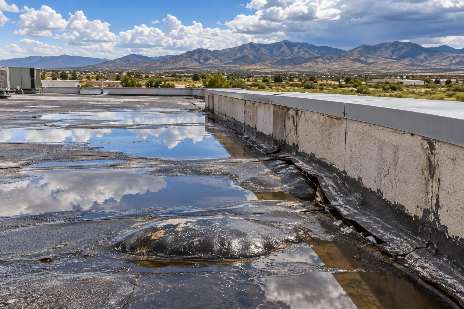 Ponding water, a blister, and worn base flashing along a parapet on an aged flat roof