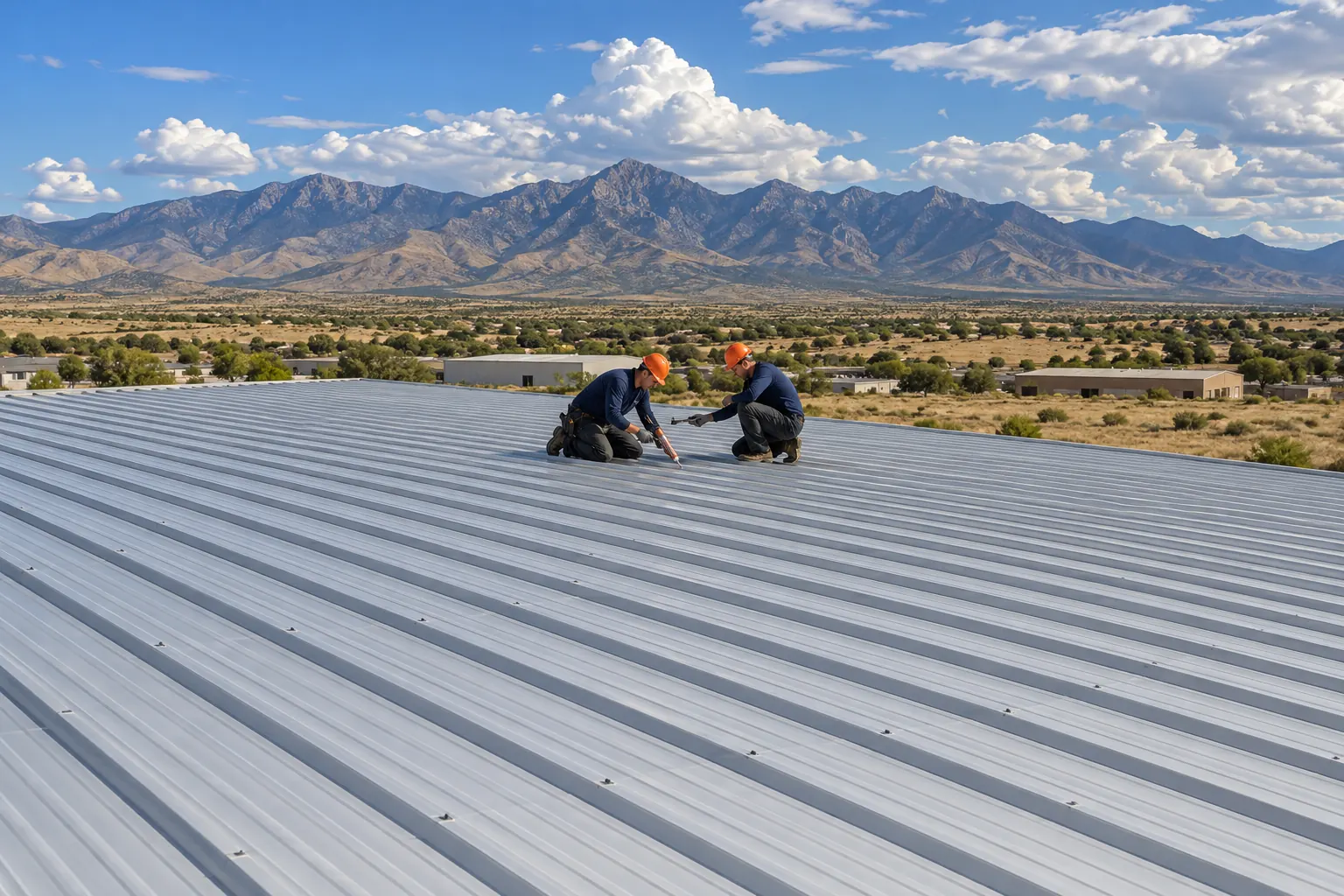 Two roofers working on a standing-seam metal roof of a commercial building