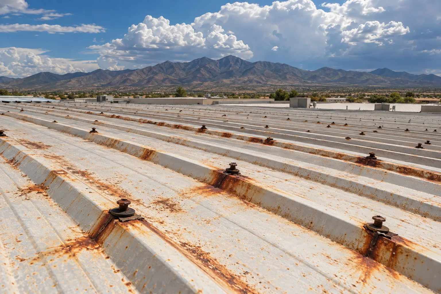 Rust bloom around fastener heads along a ribbed commercial metal roof