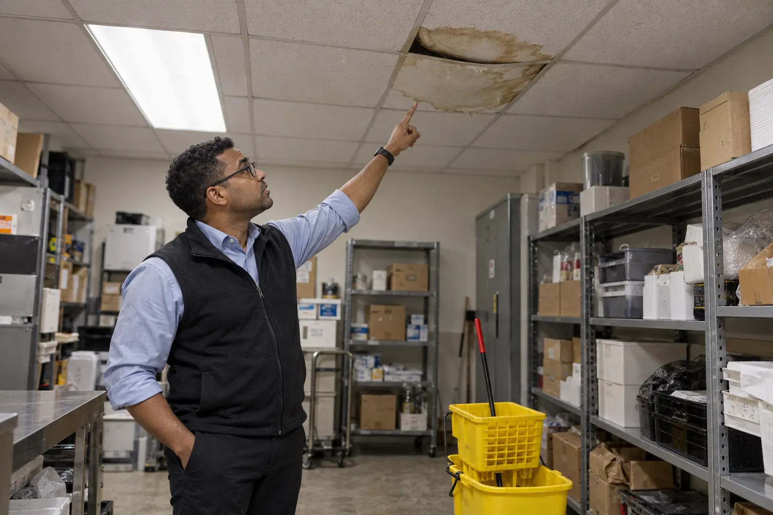 Facility manager pointing at a water-stained ceiling tile inside a commercial storage room