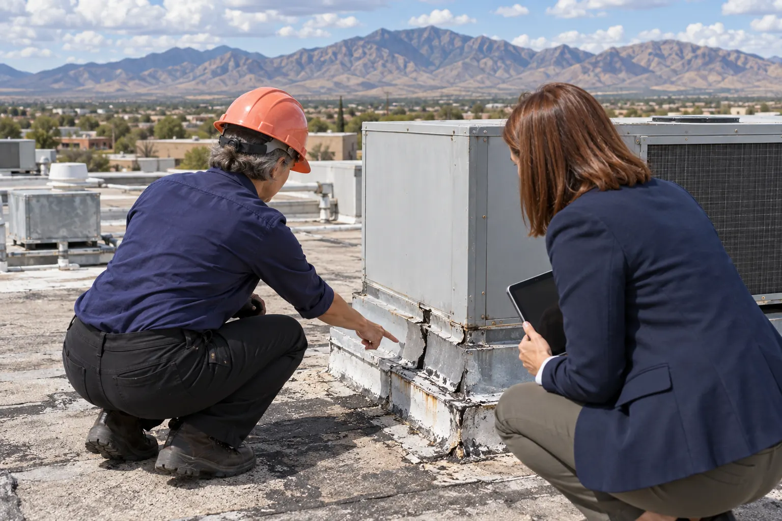 Roofer examining cracked flashing at a rooftop unit curb with a property manager