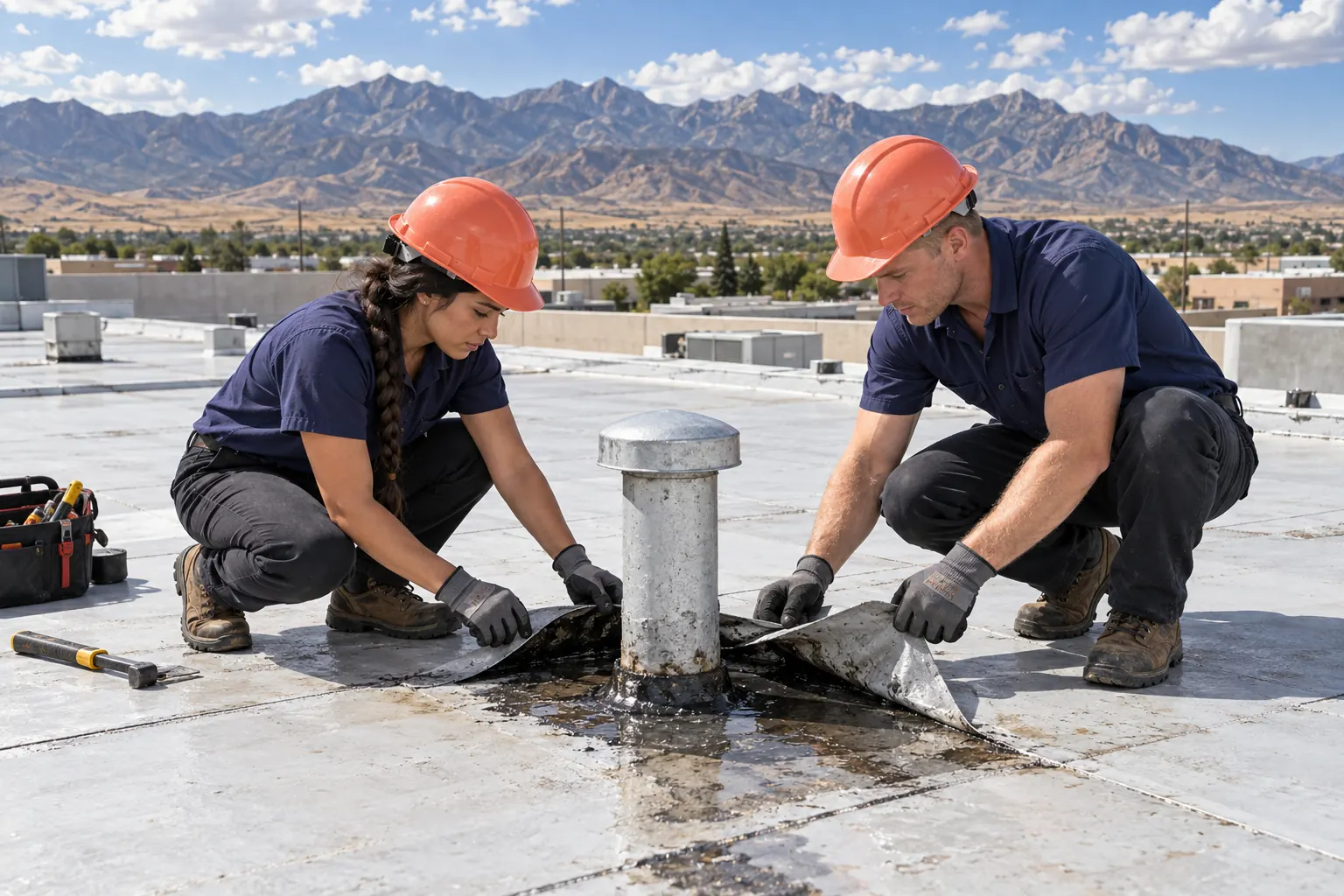 Two roofers resealing membrane around a vent pipe on a flat commercial roof
