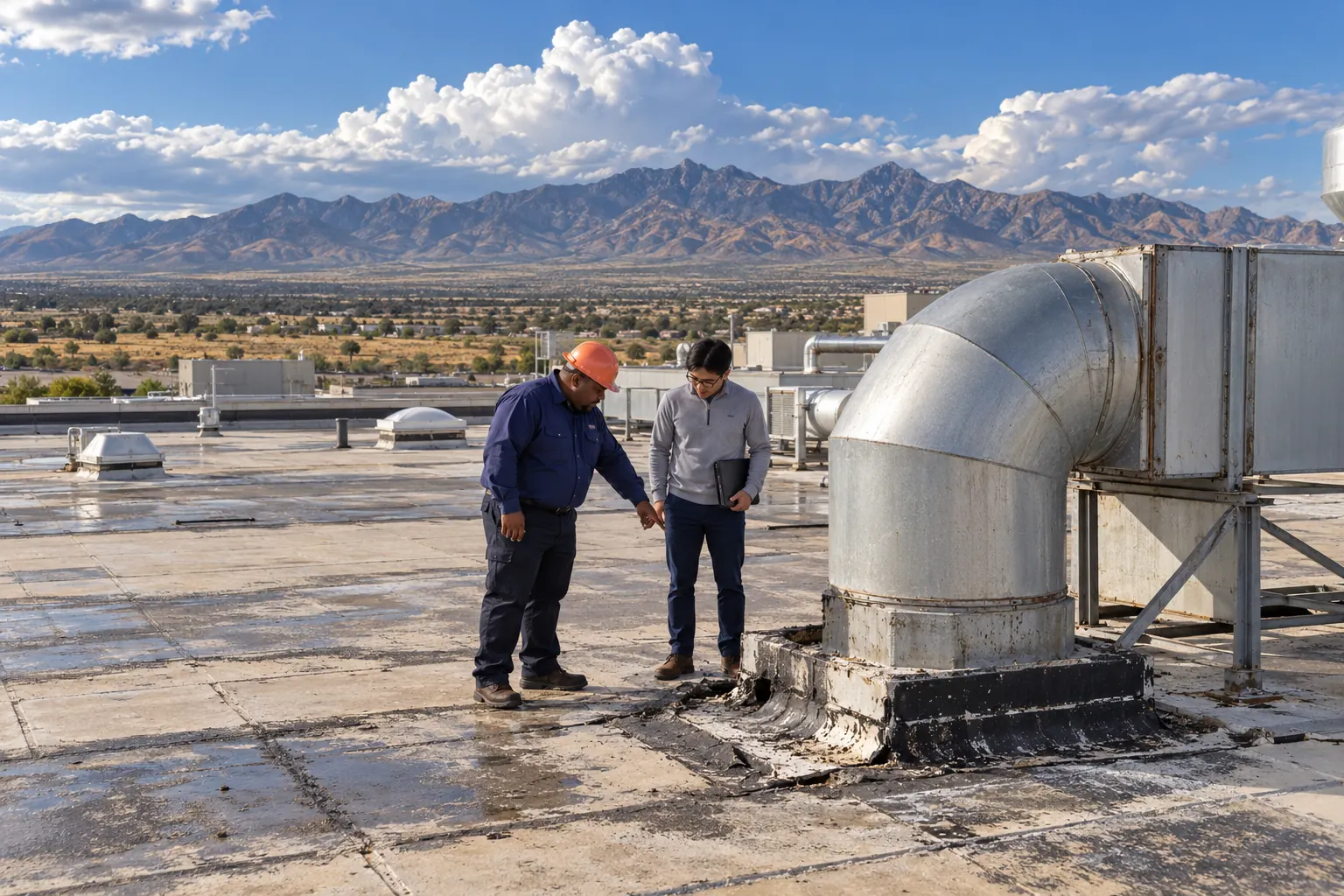 Roofer and a plant manager beside a large exhaust duct and a failed curb on an industrial roof