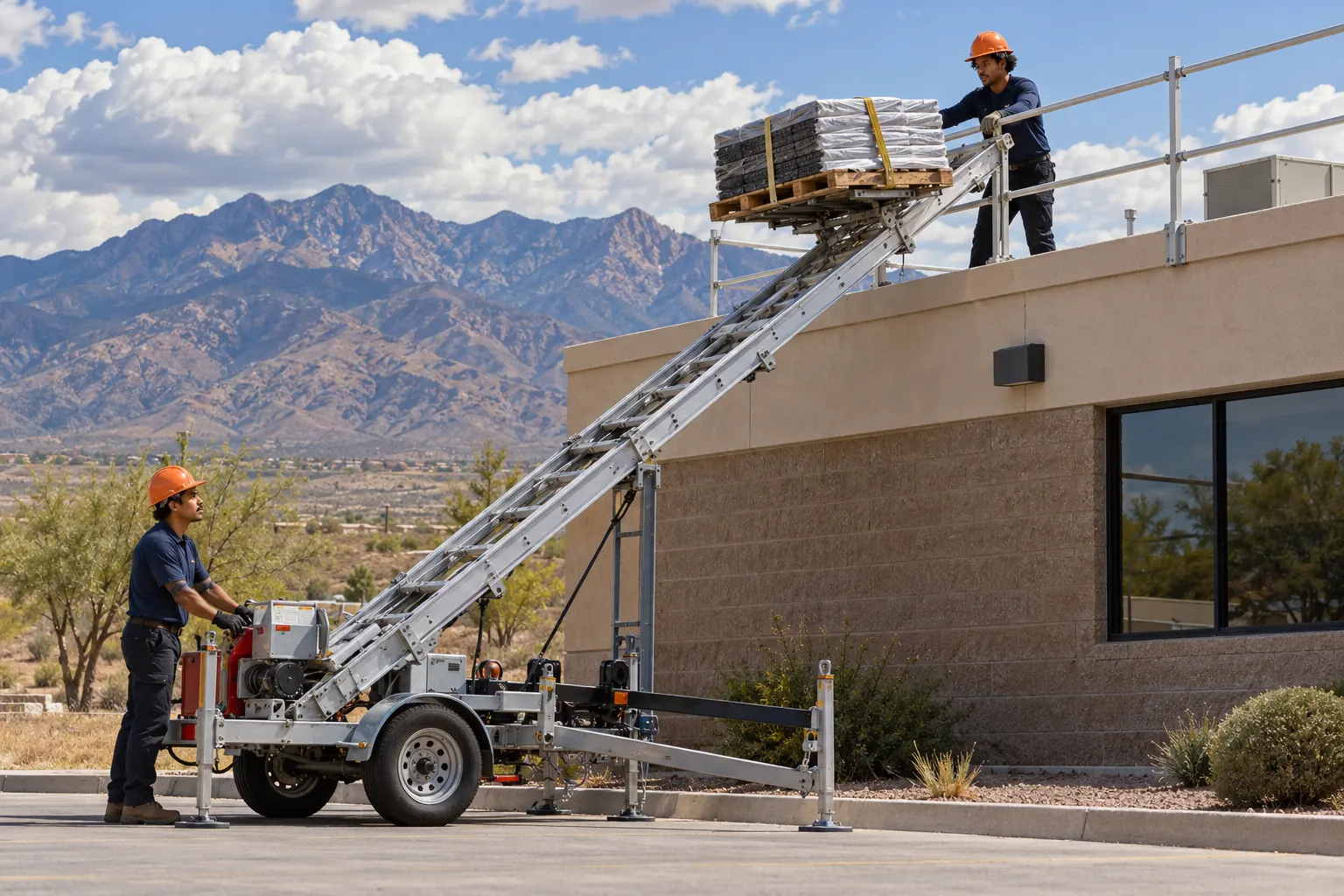 Ladder hoist lifting roofing materials to the parapet of a commercial building