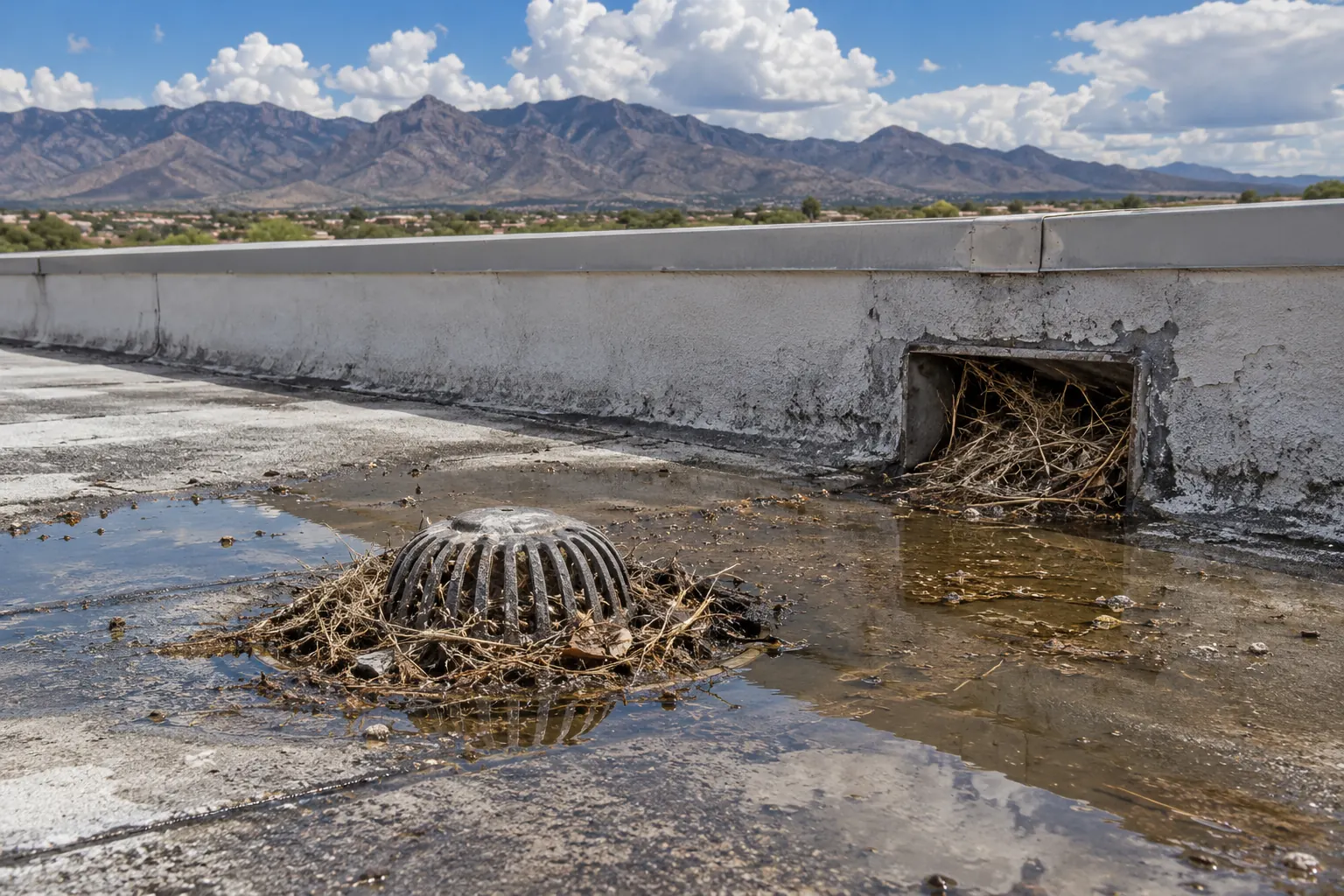 Roof drain and through-wall scupper packed with debris, with water standing around the strainer