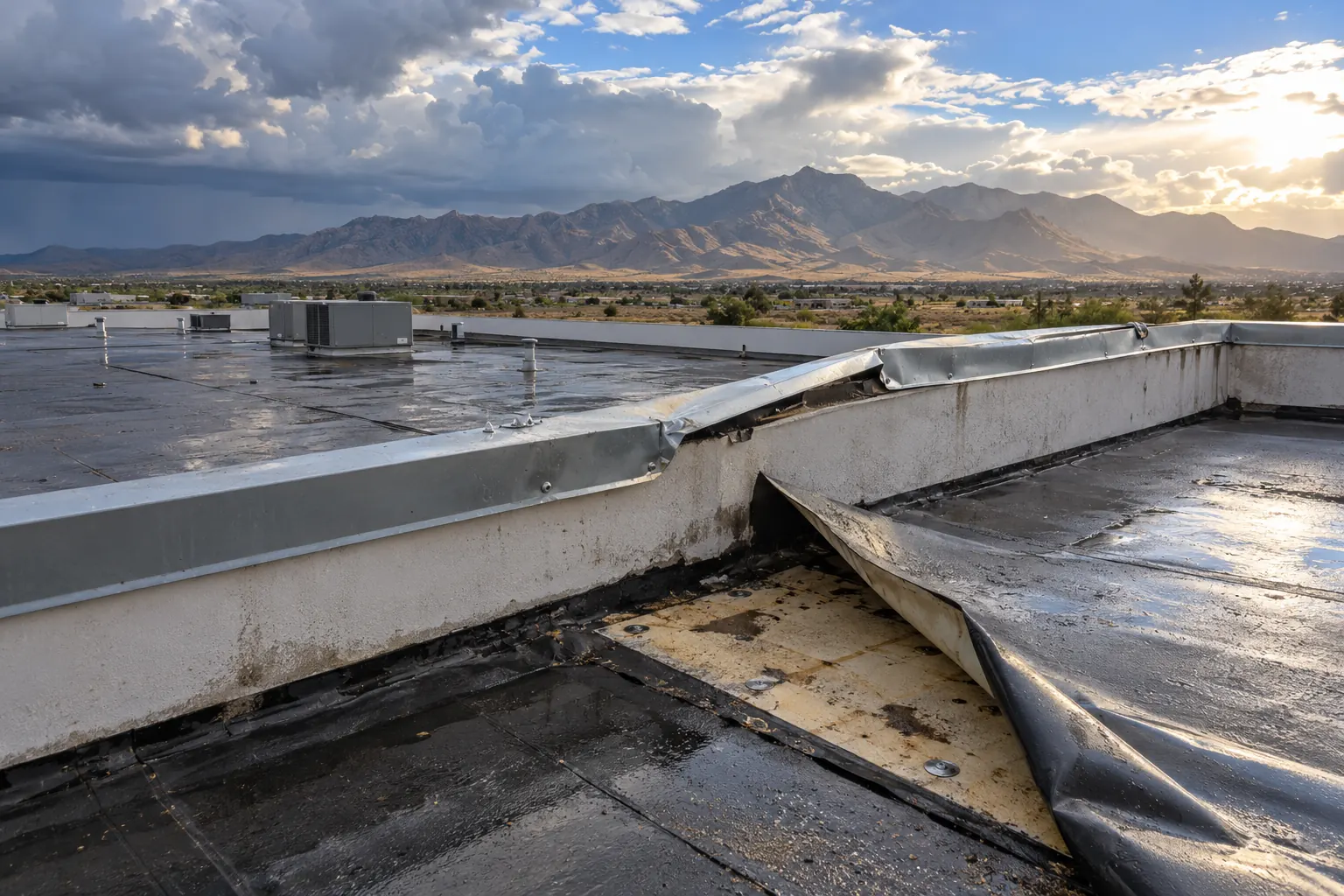 Storm-peeled membrane and lifted edge metal along a commercial roof parapet