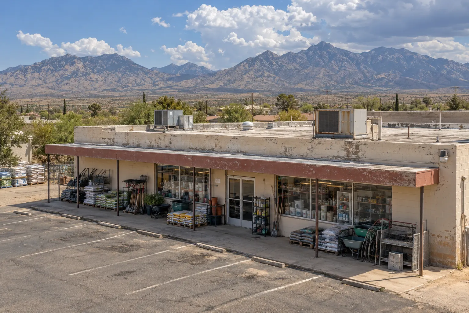 Single-story commercial retail building with a flat roof and rooftop units in the high desert