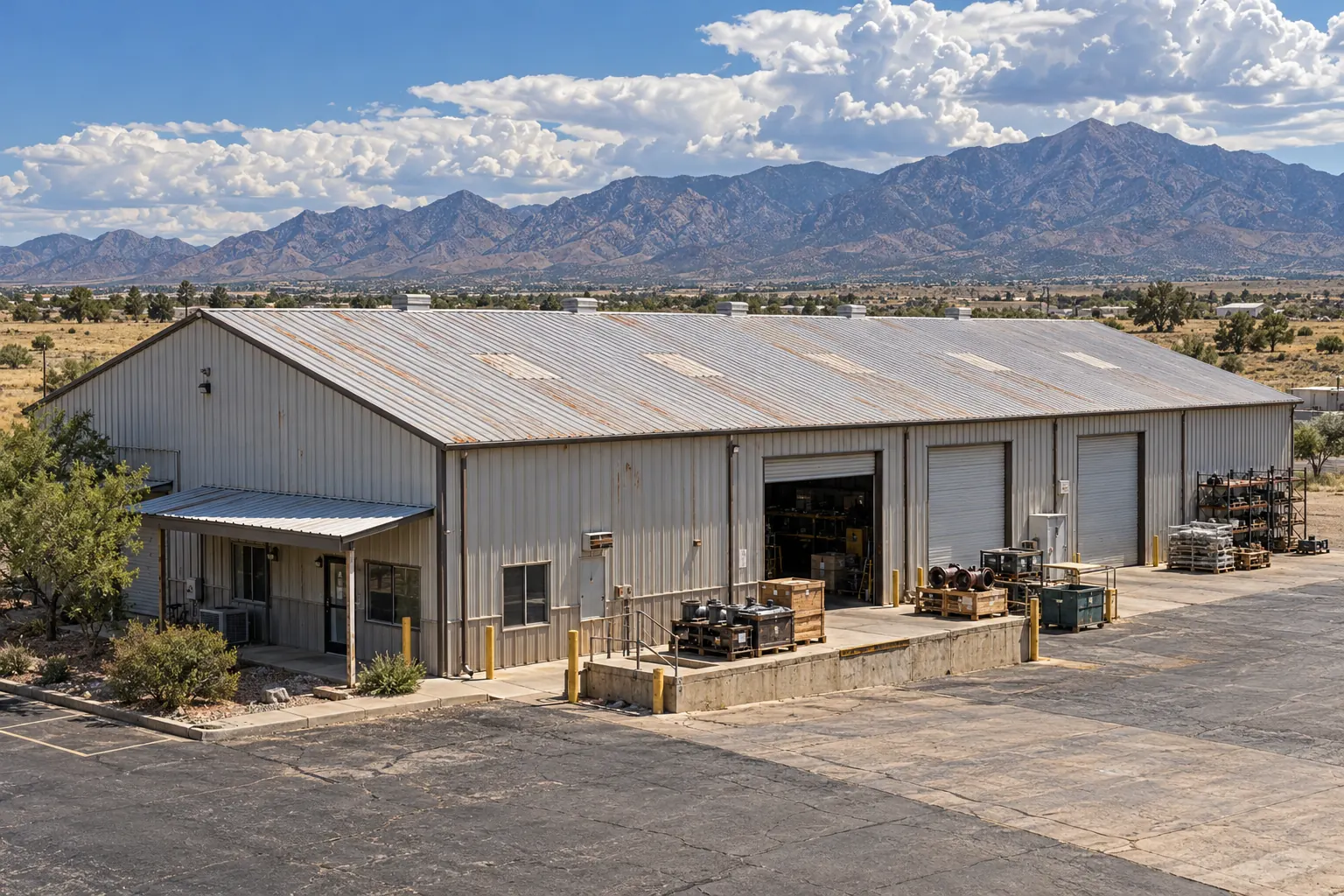 Metal commercial shop building with roll-up doors and a ribbed metal roof