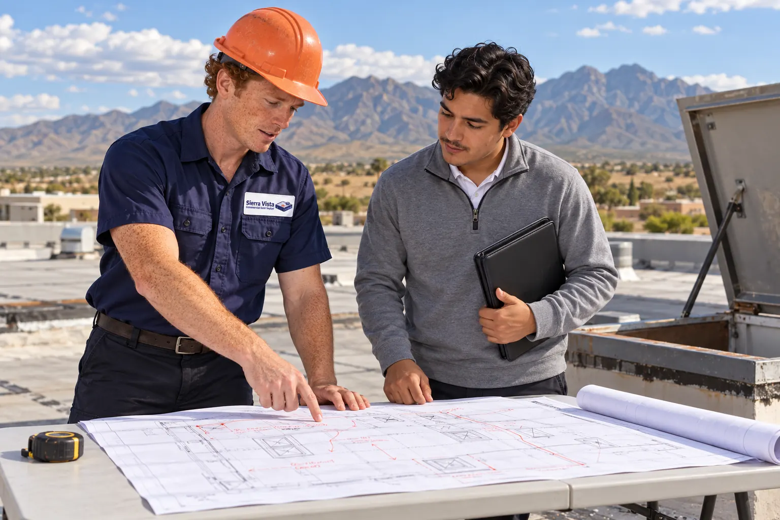 Roofer and a property owner reviewing a roof plan beside an open roof hatch