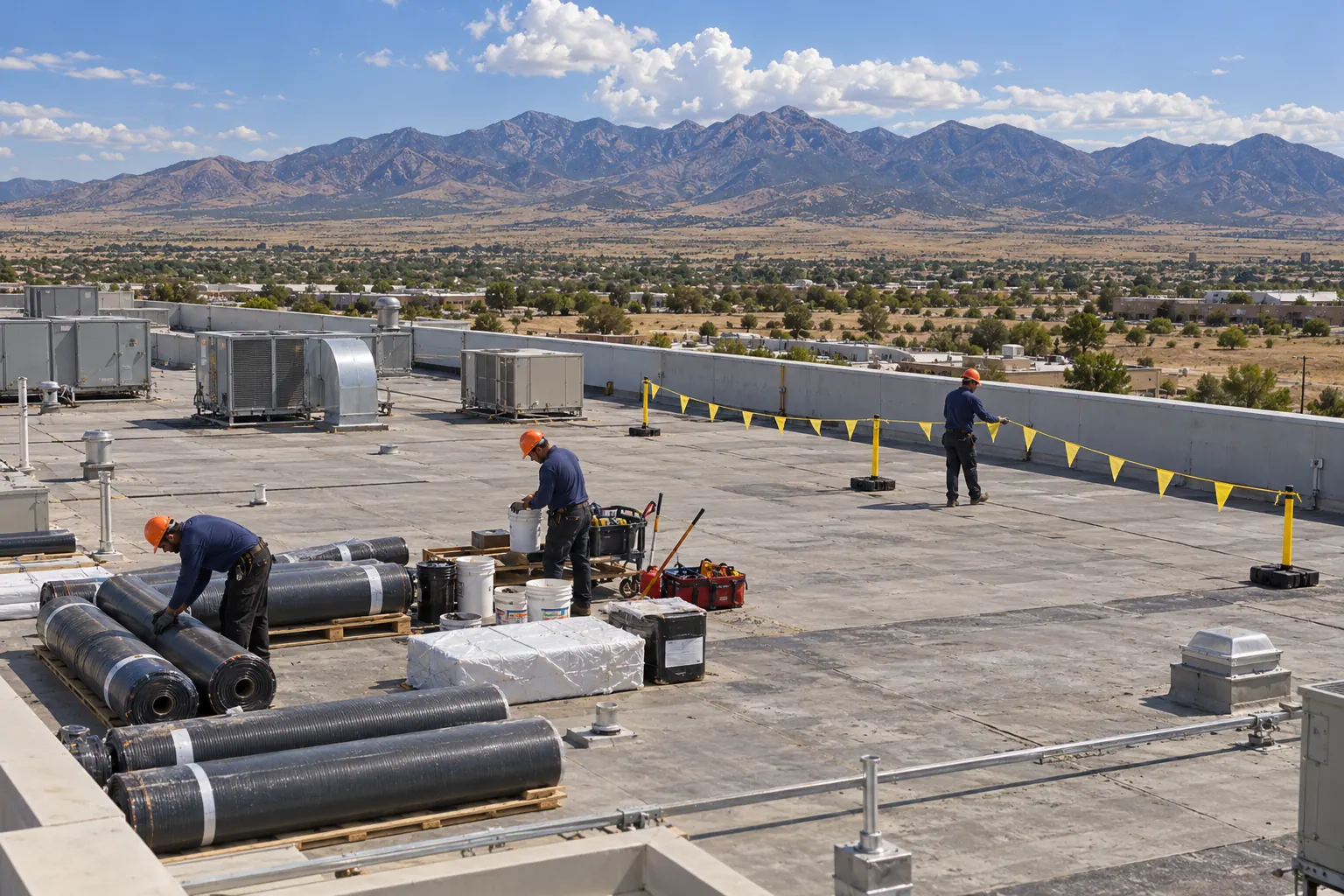 Roofing crew staging membrane rolls behind a flag line on a large flat commercial roof